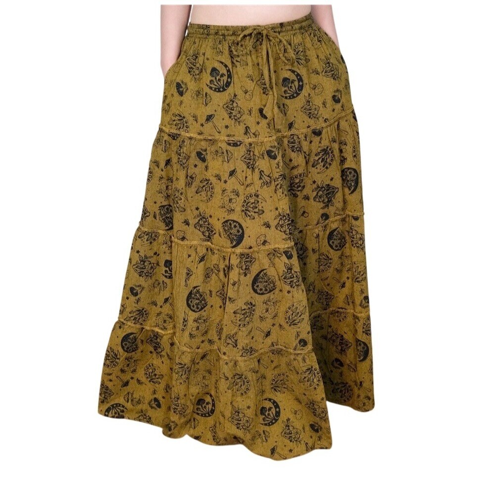 Y2k Women’s Tiered Maxi Skirt Boho Celestial Whimsical Hippie Mustard Festival